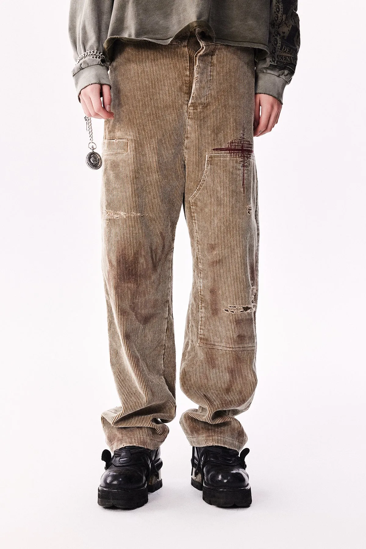 Damaged Embroidery Corduroy Casual Pants