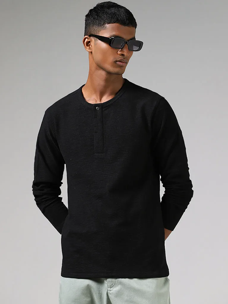 ETA Black Henley Neckline Slim-Fit T-Shirt