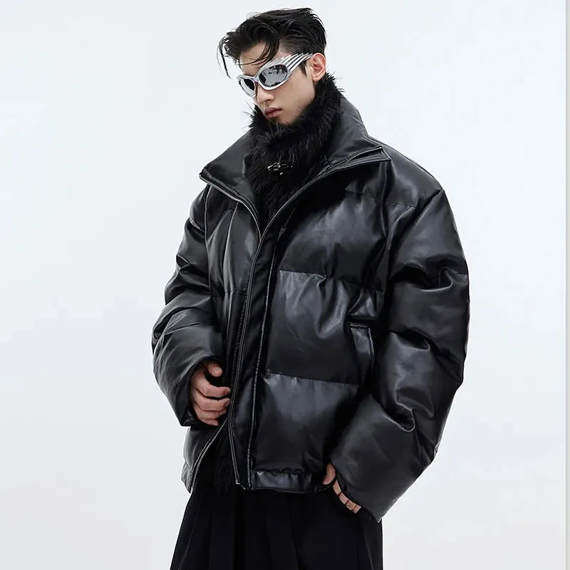 Fake Two-Piece PU Leather Parka Jacket