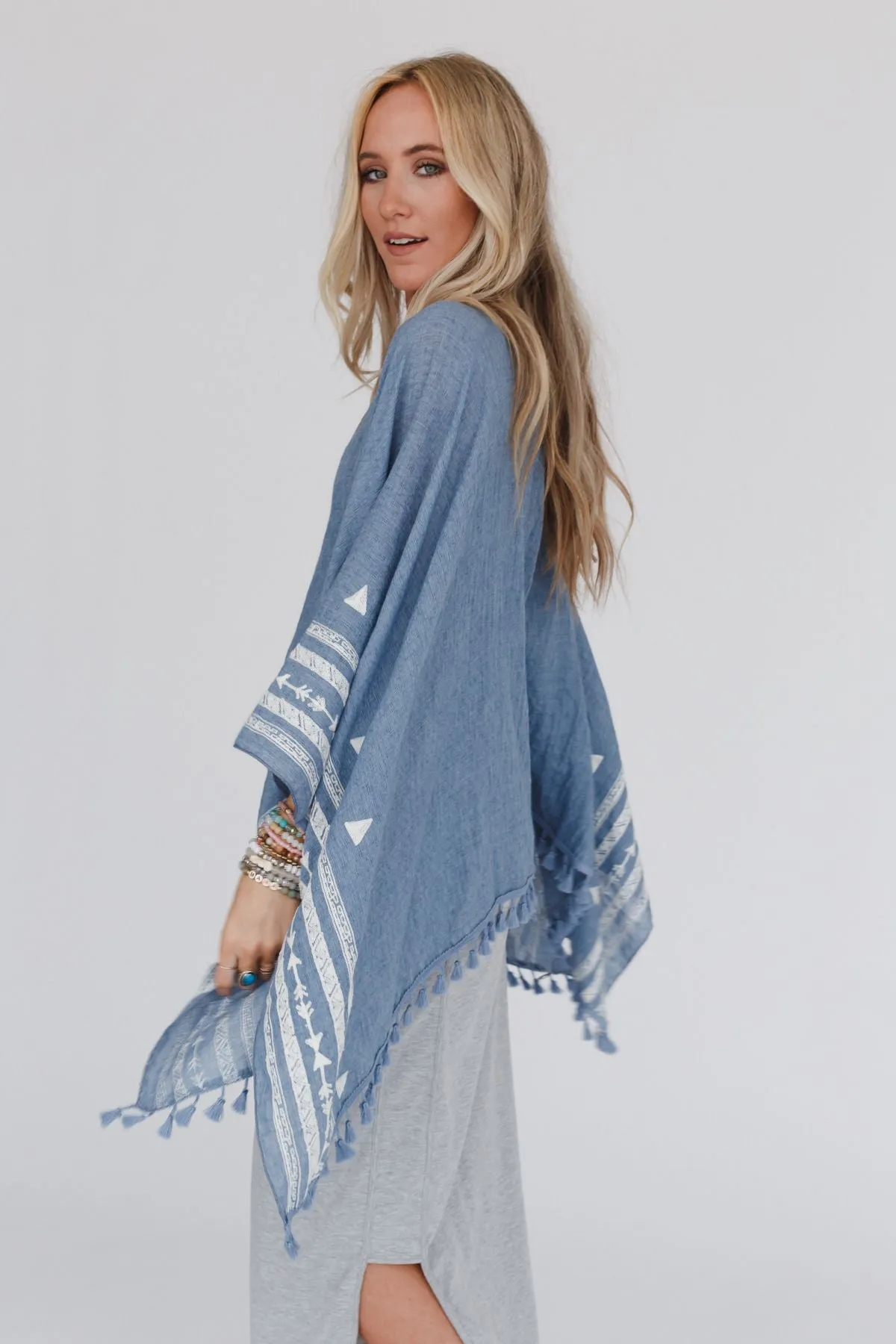 Fallon Embroidered Sleeve Tassel Poncho - Blue