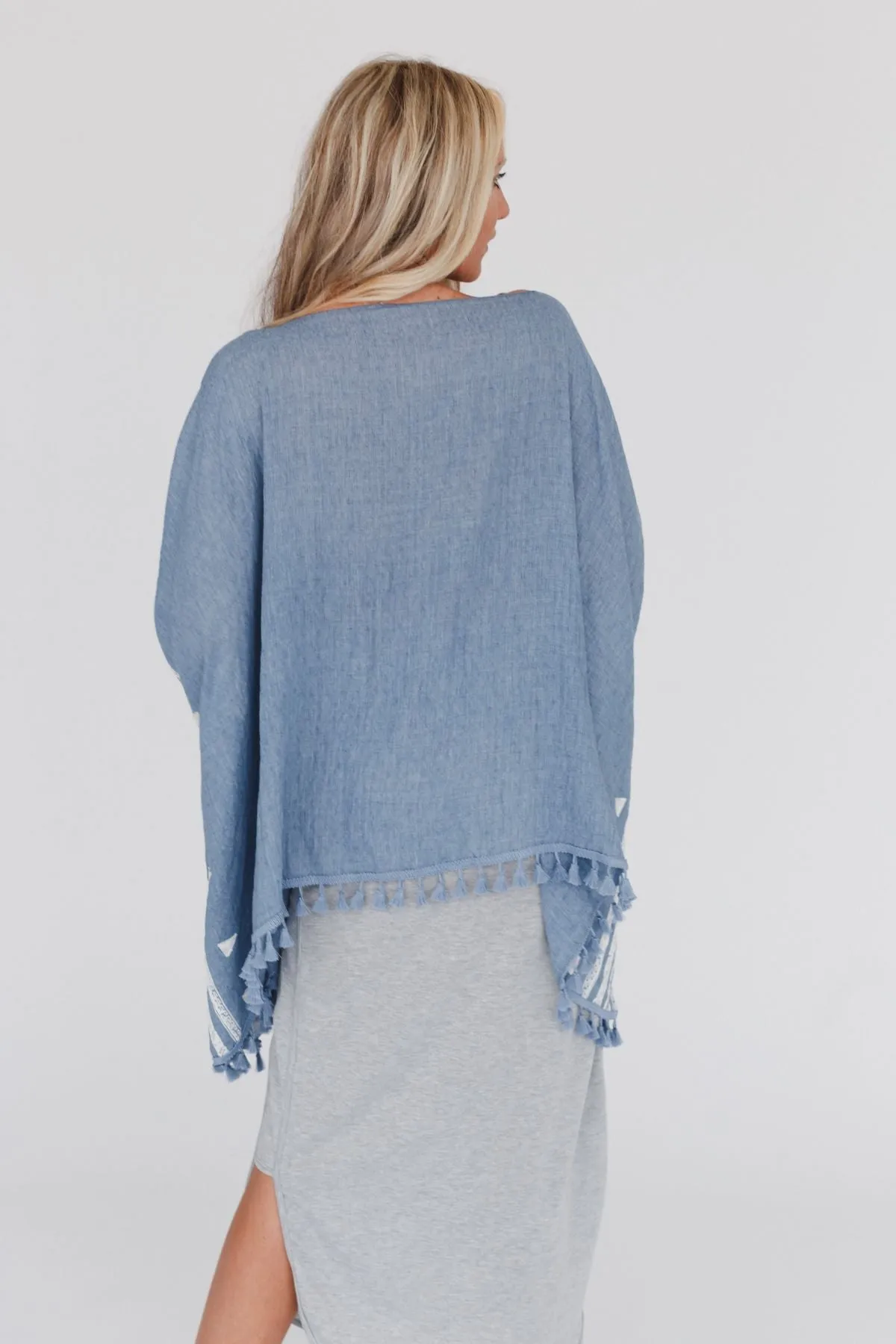 Fallon Embroidered Sleeve Tassel Poncho - Blue