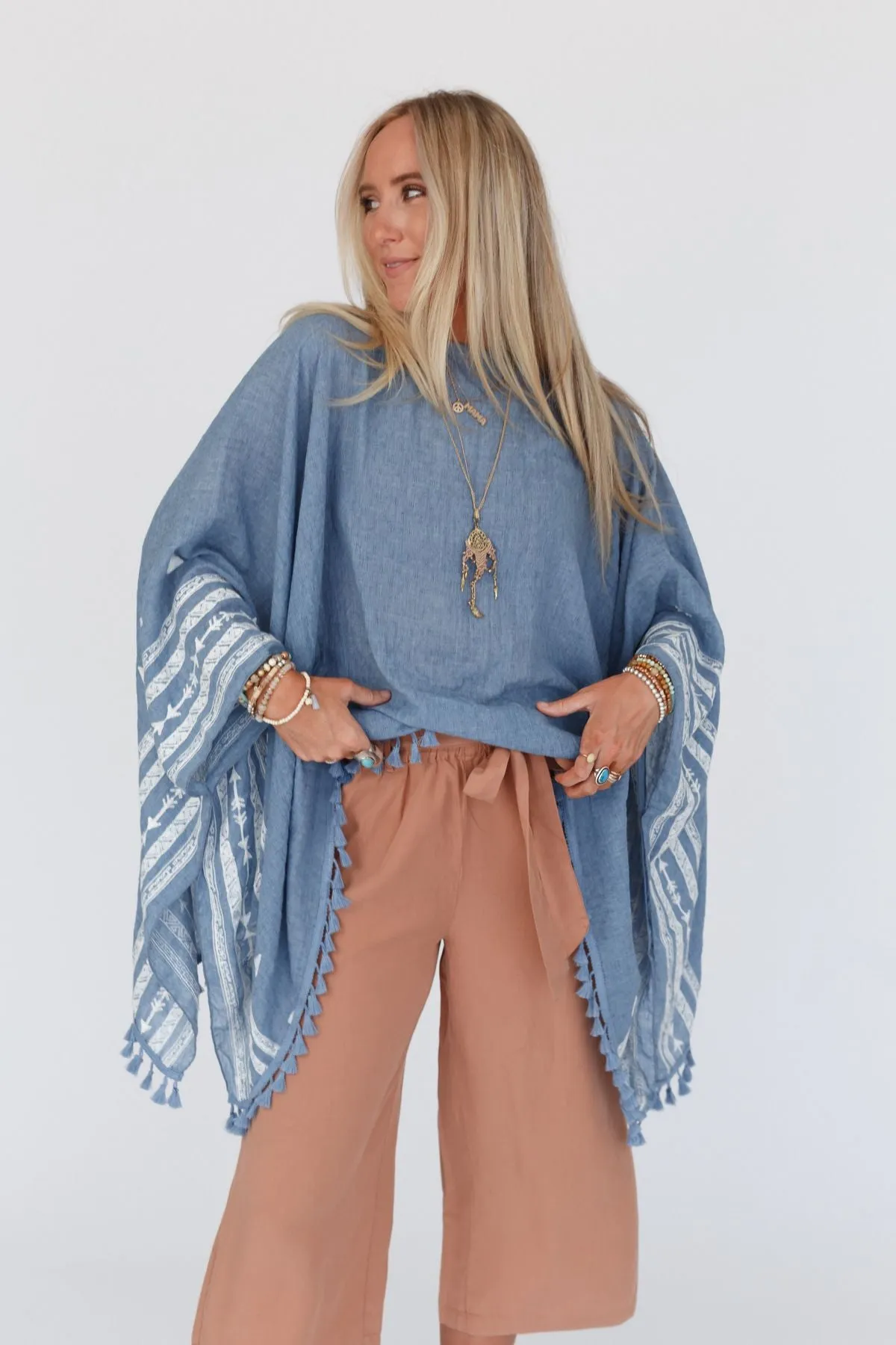 Fallon Embroidered Sleeve Tassel Poncho - Blue