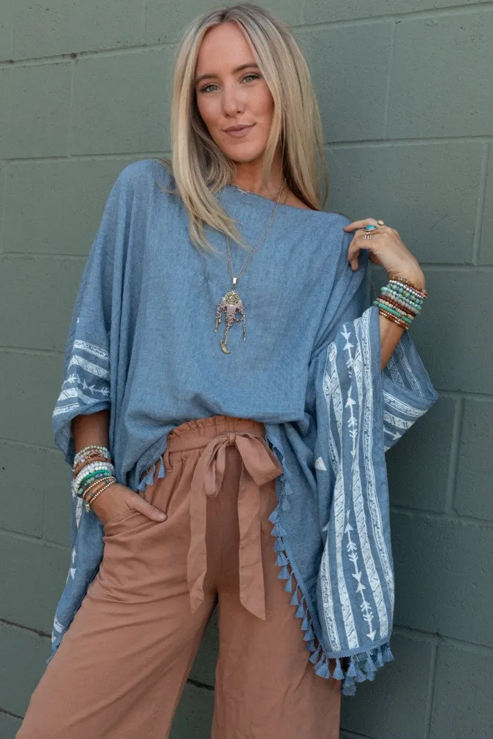 Fallon Embroidered Sleeve Tassel Poncho - Blue