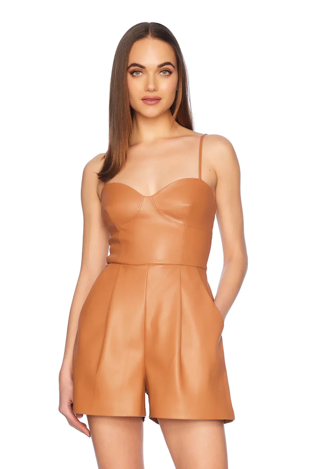 Faux Leather Corset Romper - Caramel