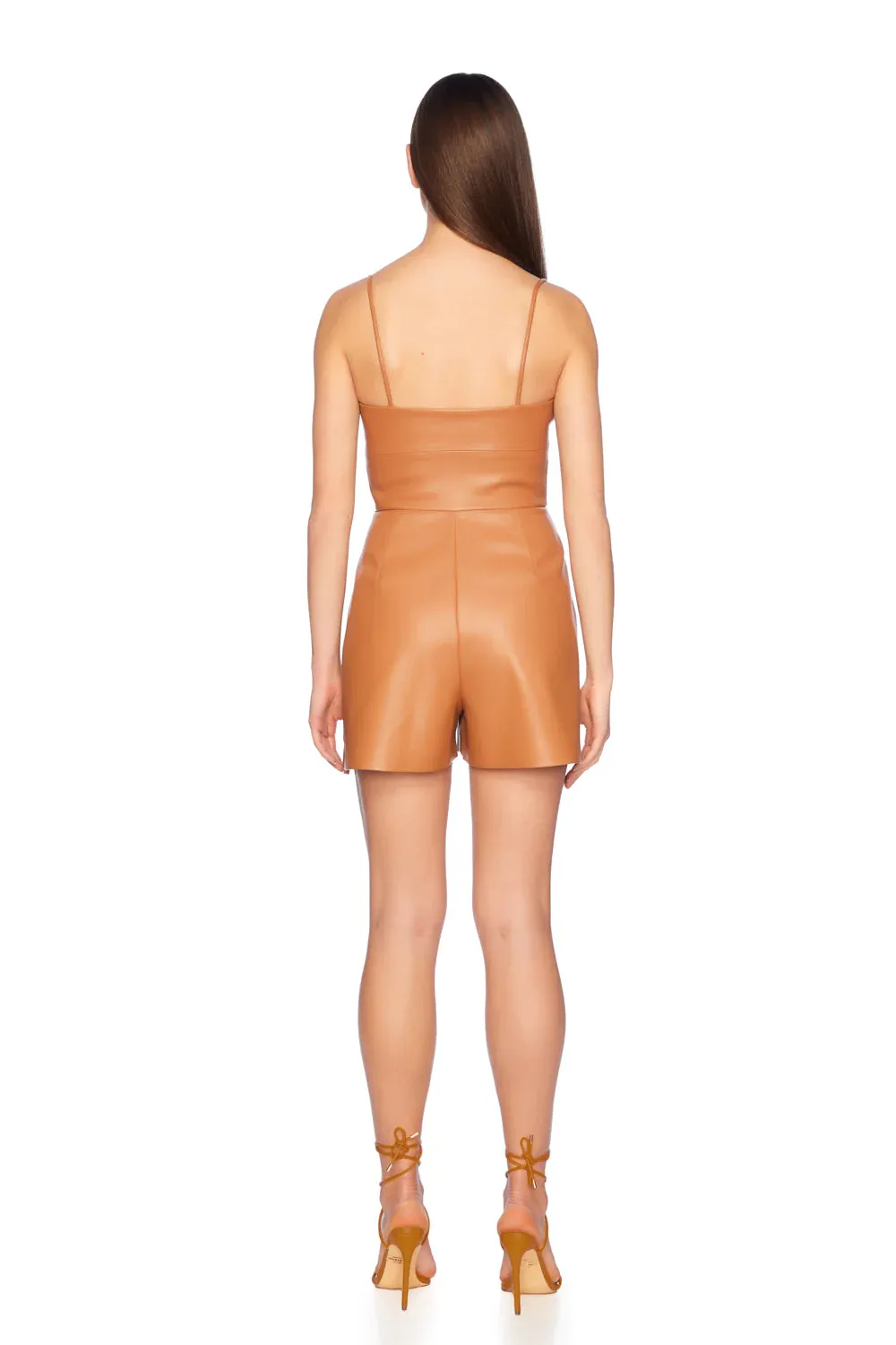 Faux Leather Corset Romper - Caramel