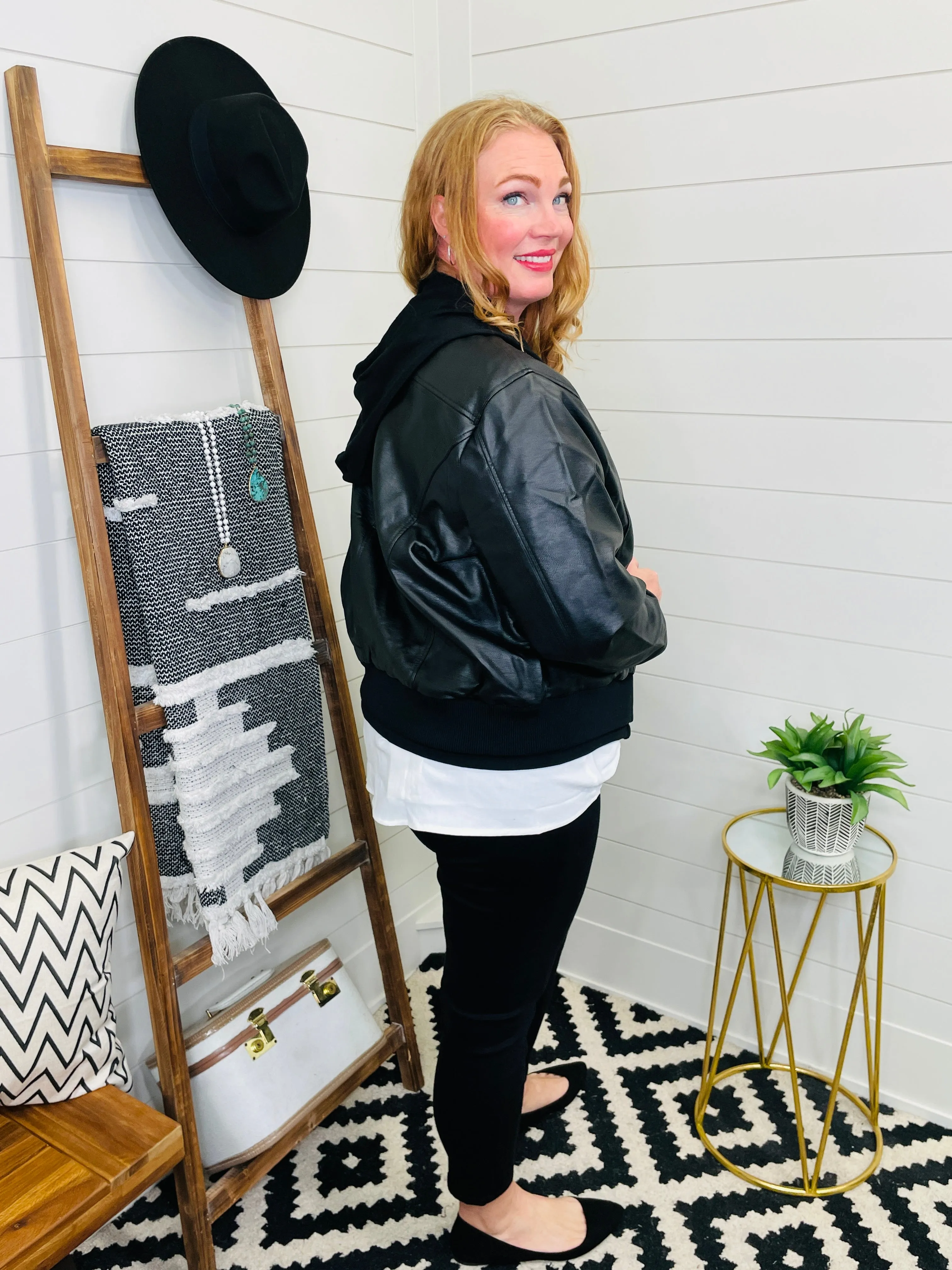 Faux Leather Hoodie Bomber Jacket