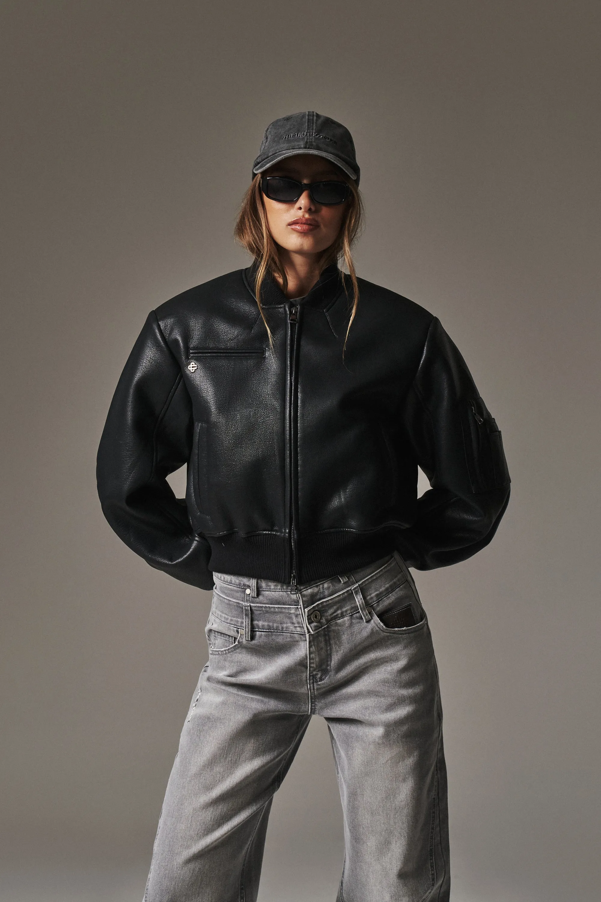 FAUX LEATHER SHOULDER PADDED BOMBER JACKET - BLACK