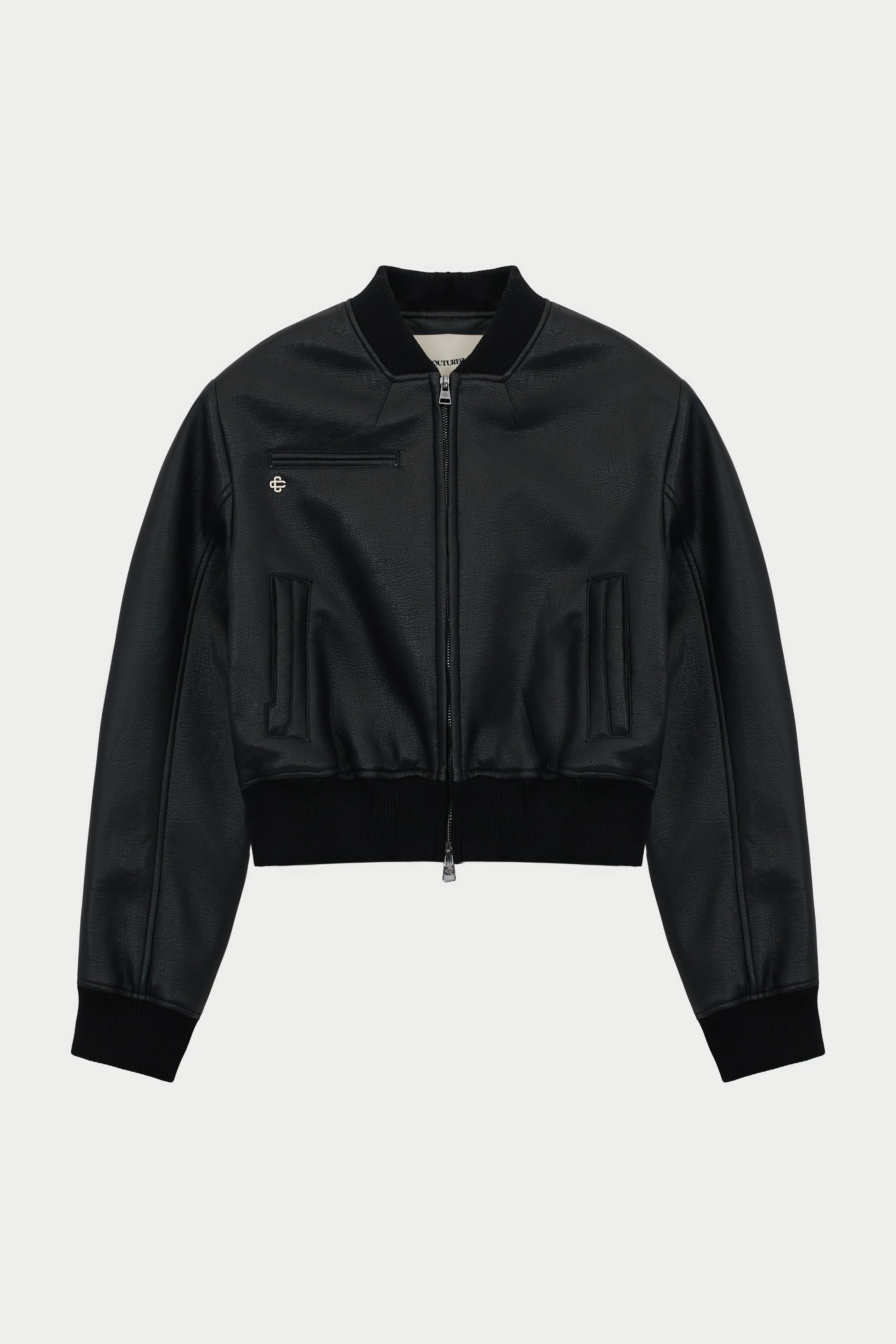 FAUX LEATHER SHOULDER PADDED BOMBER JACKET - BLACK