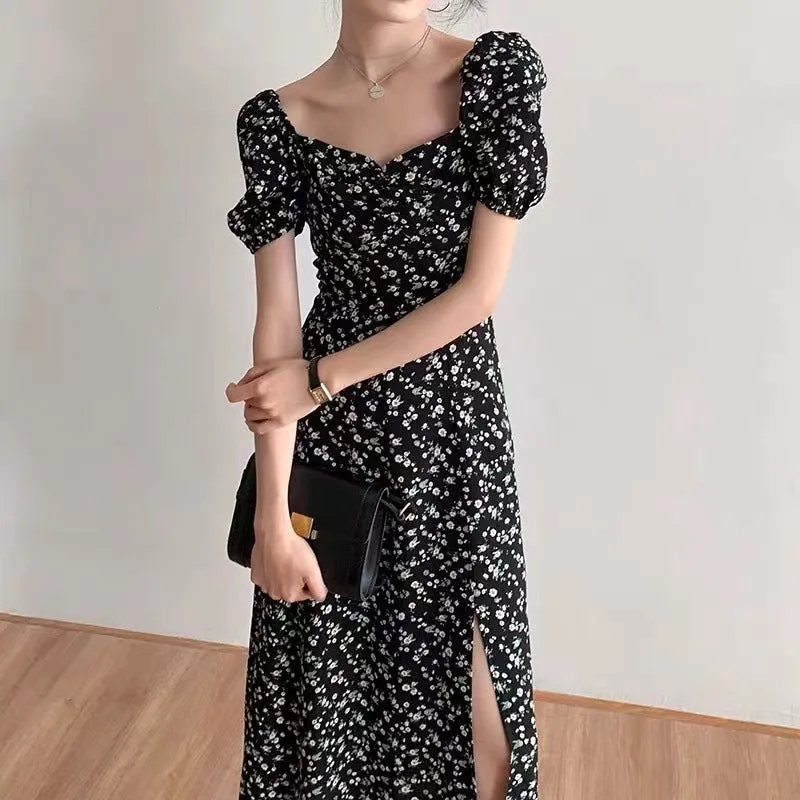 Floral Print Puffy Sleeve Bust Split Thigh Dress