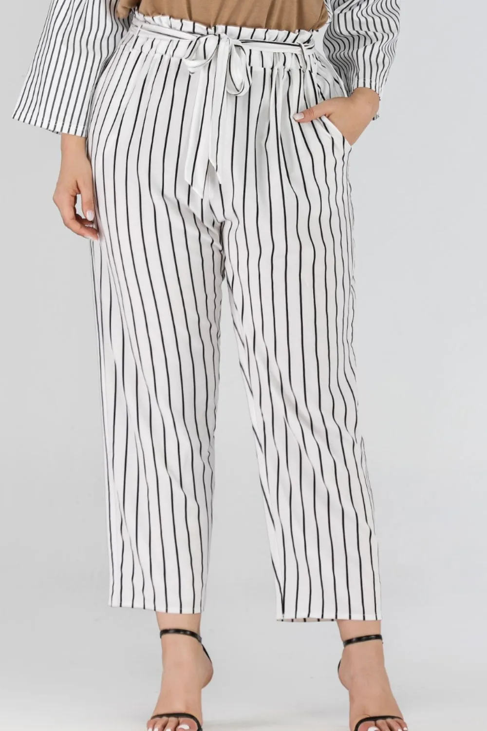 Full Size Striped Paperbag Waist Cropped Pants