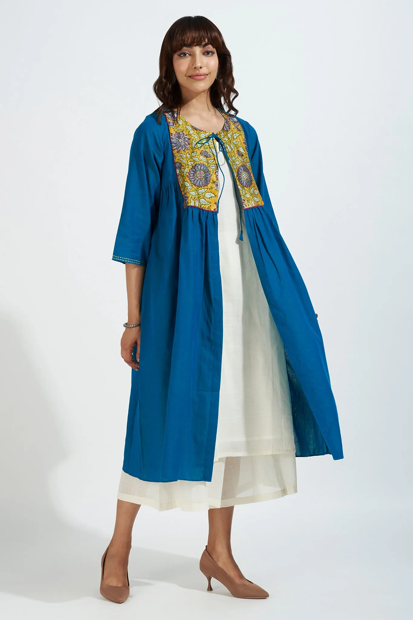 gather jacket with chanderi yoke - radiant peacock & golden bloom