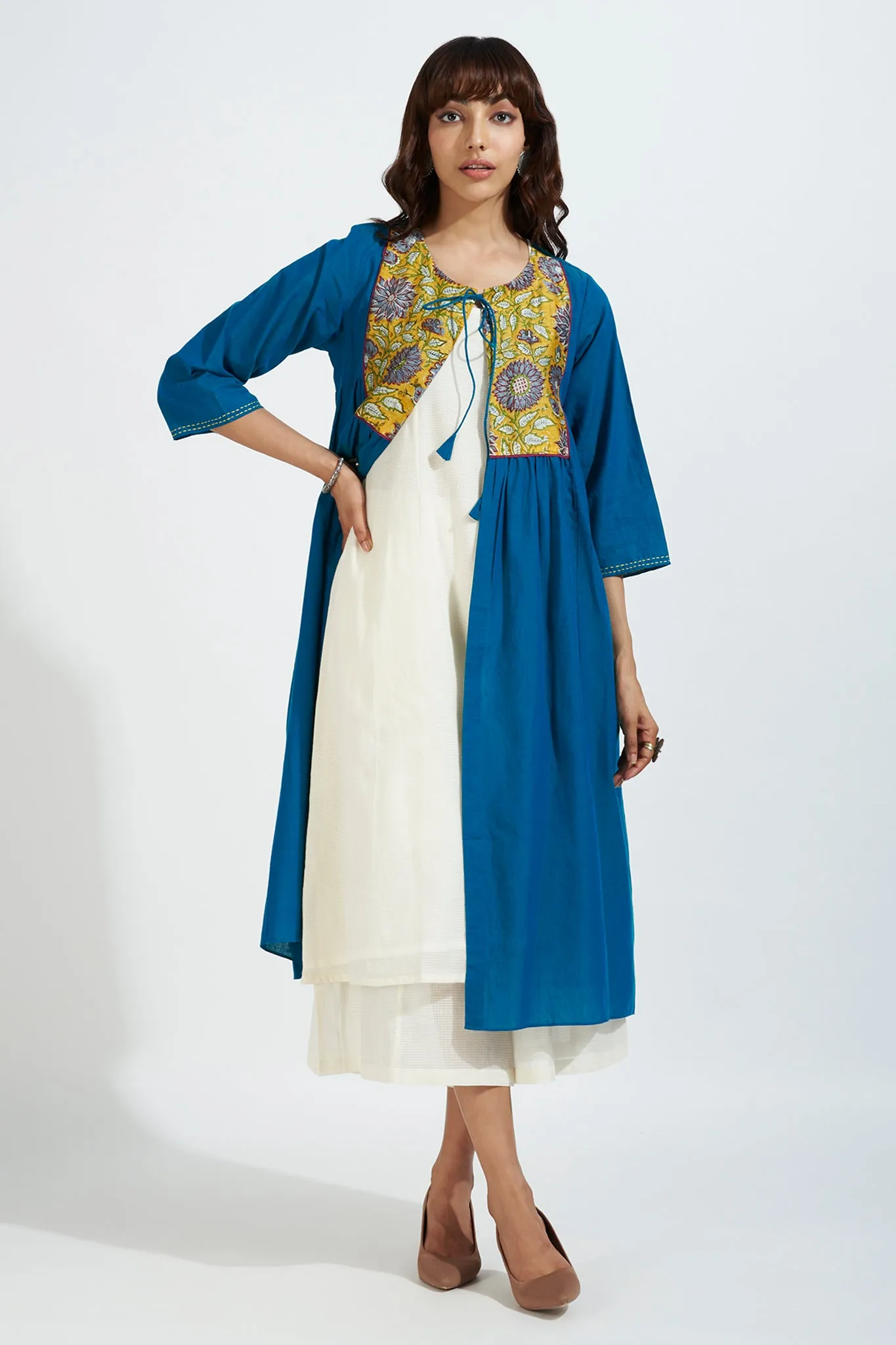 gather jacket with chanderi yoke - radiant peacock & golden bloom