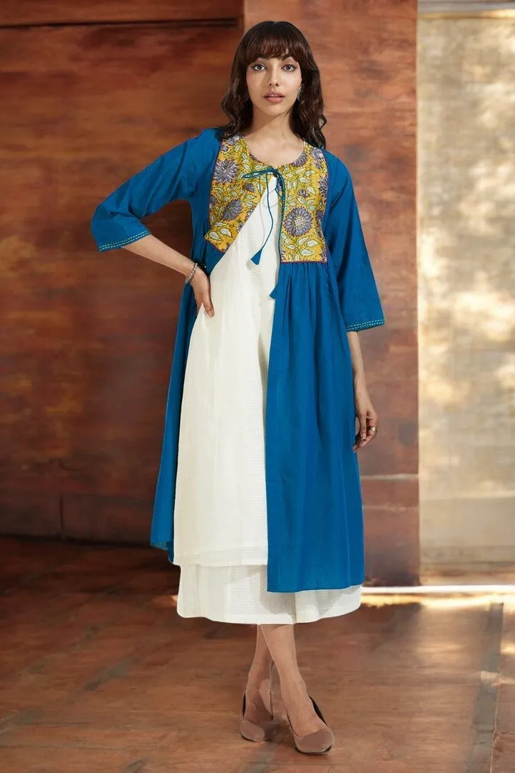 gather jacket with chanderi yoke - radiant peacock & golden bloom