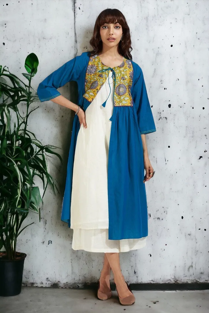 gather jacket with chanderi yoke - radiant peacock & golden bloom