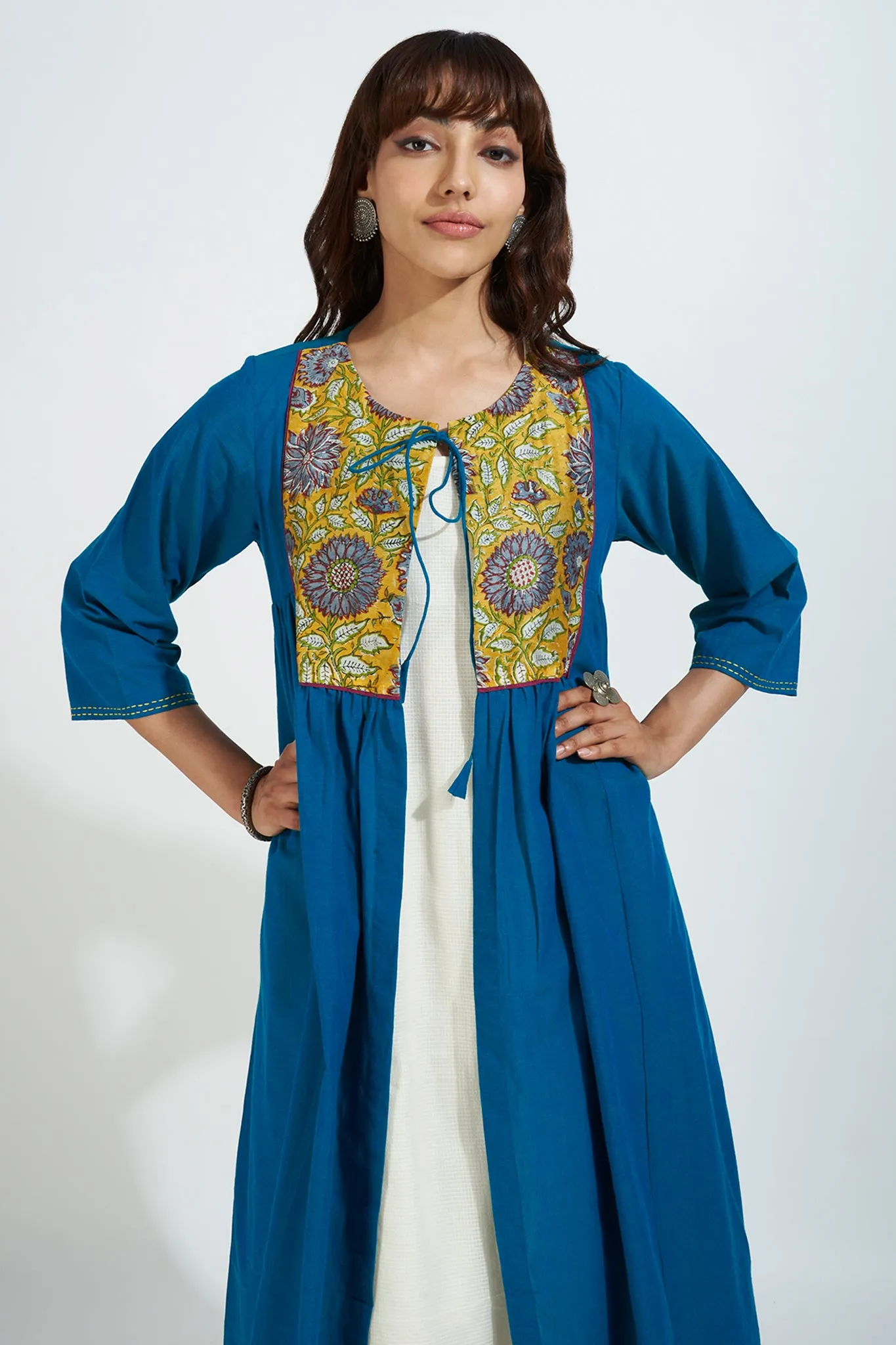 gather jacket with chanderi yoke - radiant peacock & golden bloom