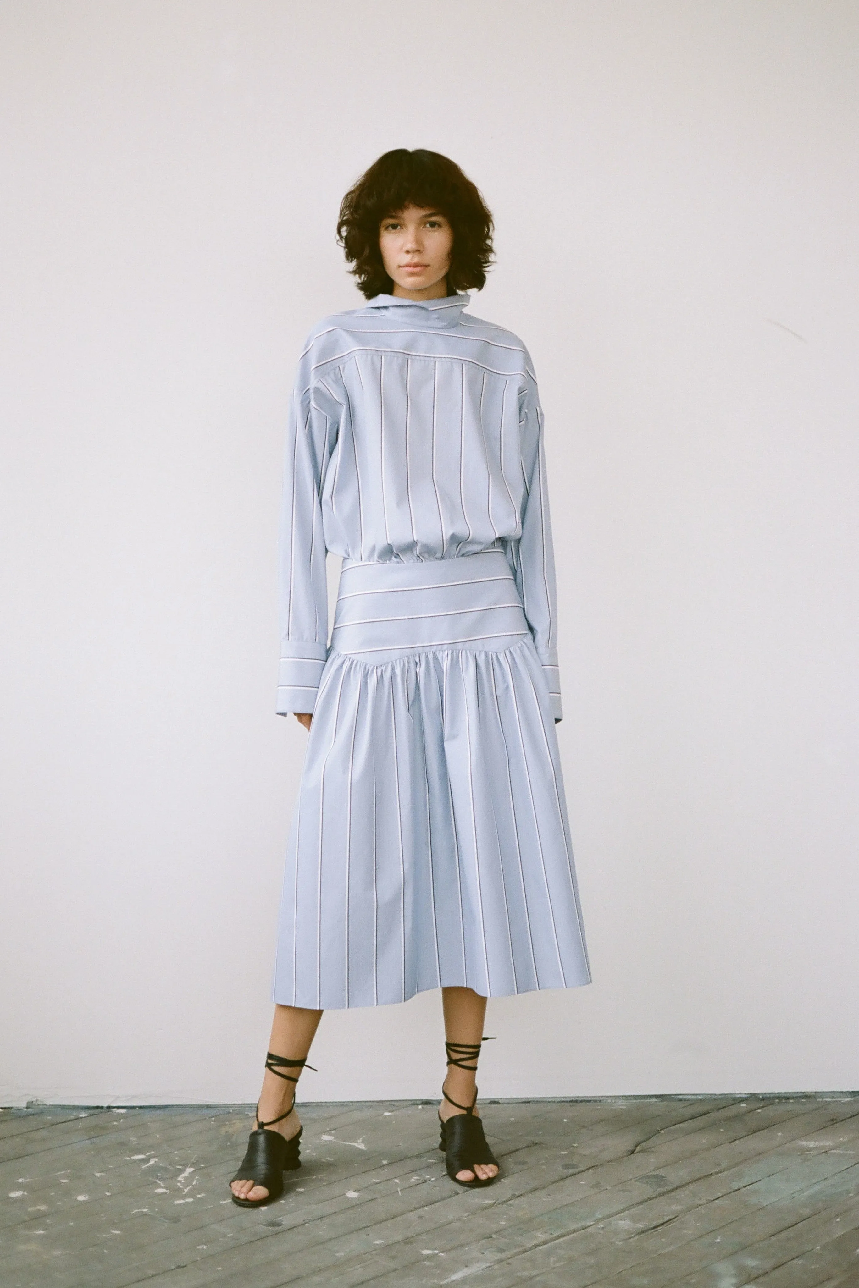 Gathered Yoke Dress - Blue Stripe