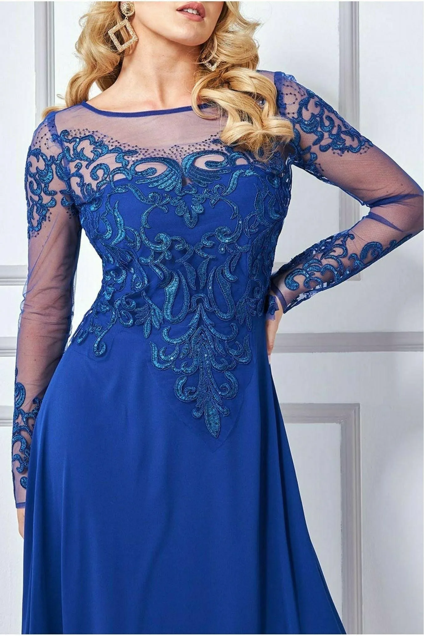 Goddiva Mesh & Lace Embroidered Bodice Maxi - Royal Blue