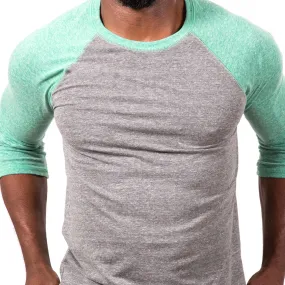 Green Heather & Grey Heather 3/4 Raglan Sleeve Tri-Blend Baseball Tee (One Piece XL Available)