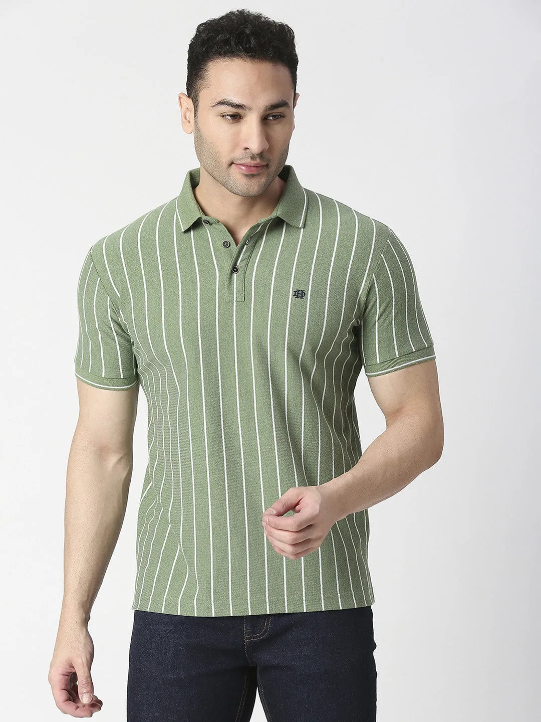 Green Melange Verticle Striped Pique Polo T-shirt