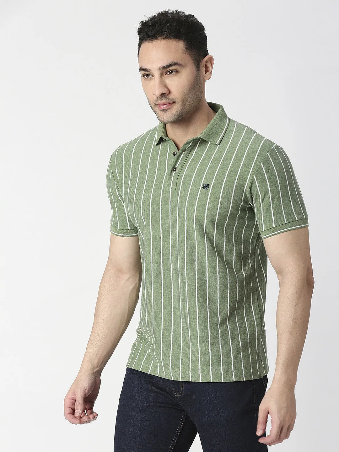 Green Melange Verticle Striped Pique Polo T-shirt