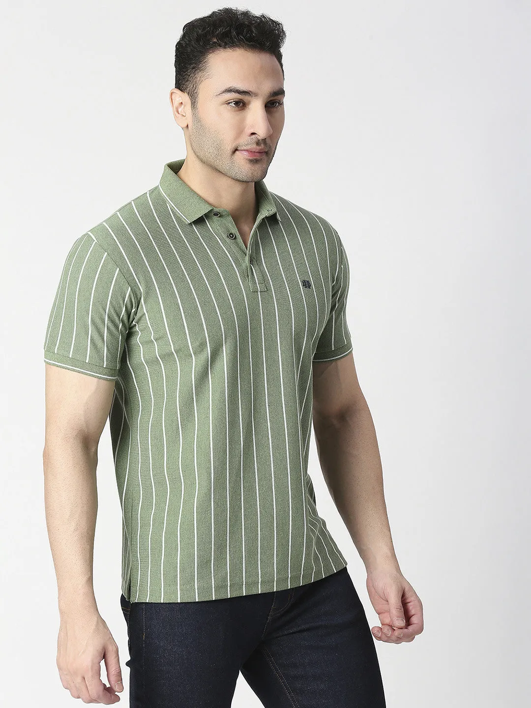 Green Melange Verticle Striped Pique Polo T-shirt