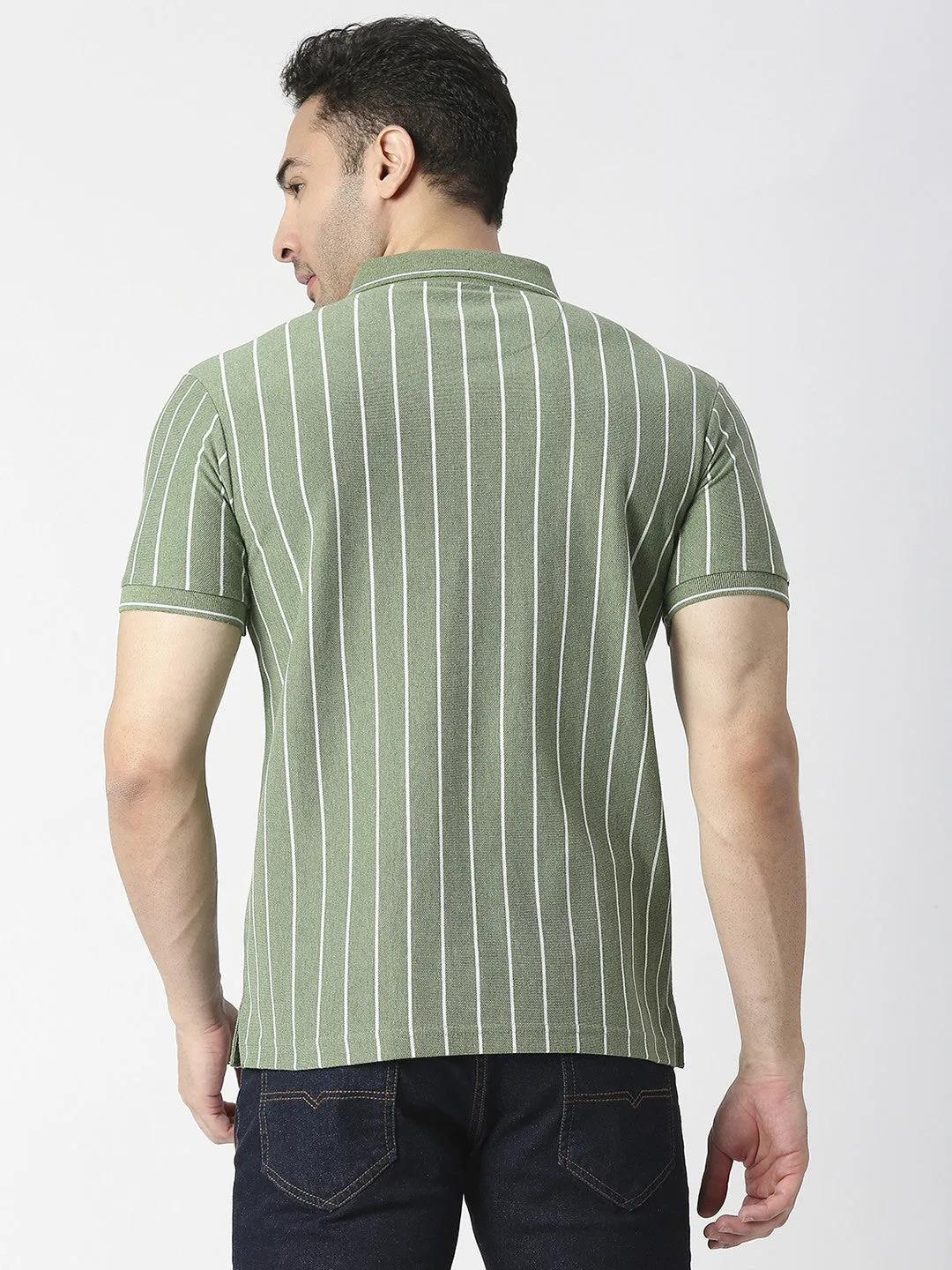 Green Melange Verticle Striped Pique Polo T-shirt