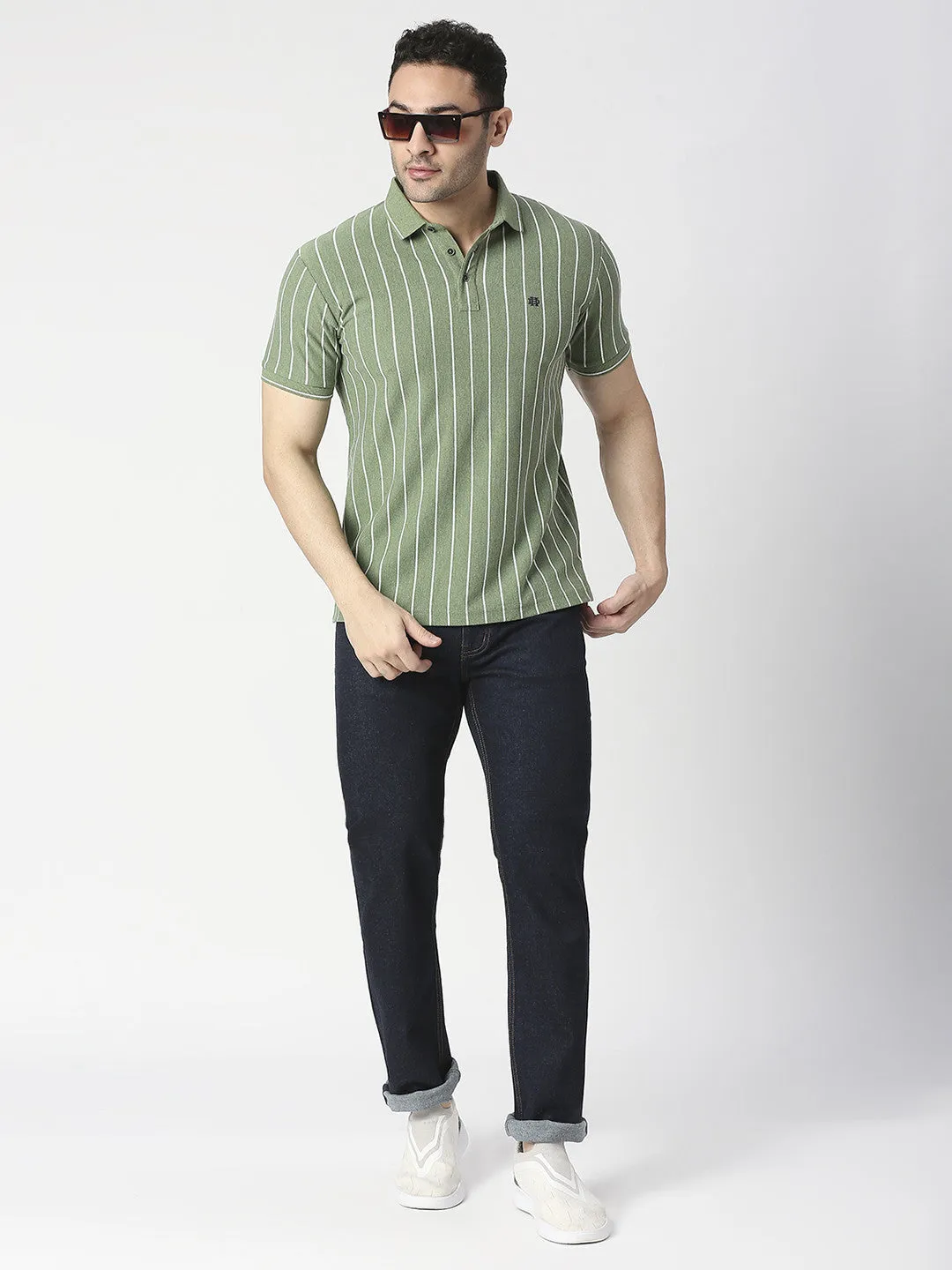 Green Melange Verticle Striped Pique Polo T-shirt