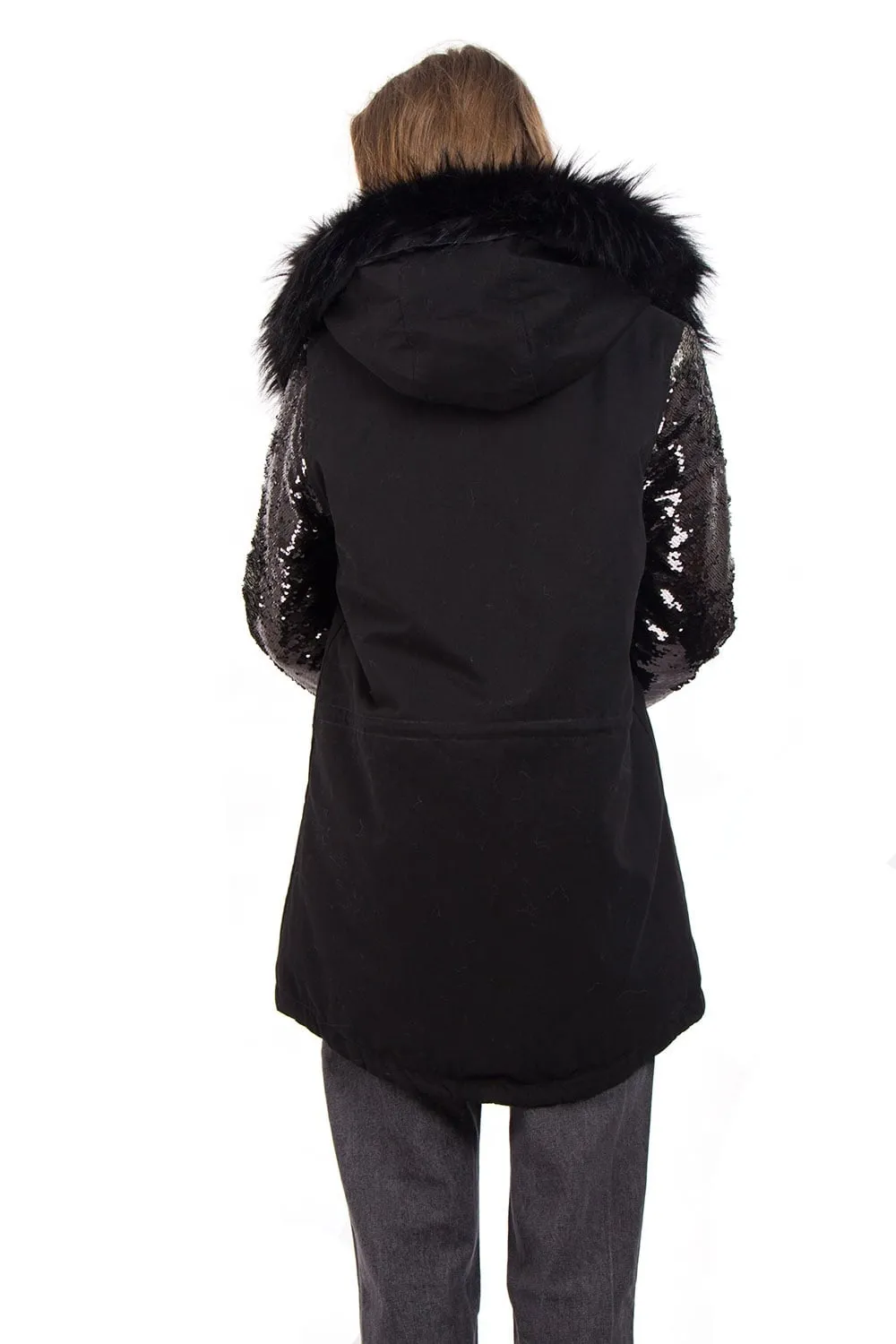 Hooded Two Sided Colour Change Sequin Arms Faux Fur Trim Fleece Parka Jacket Coat