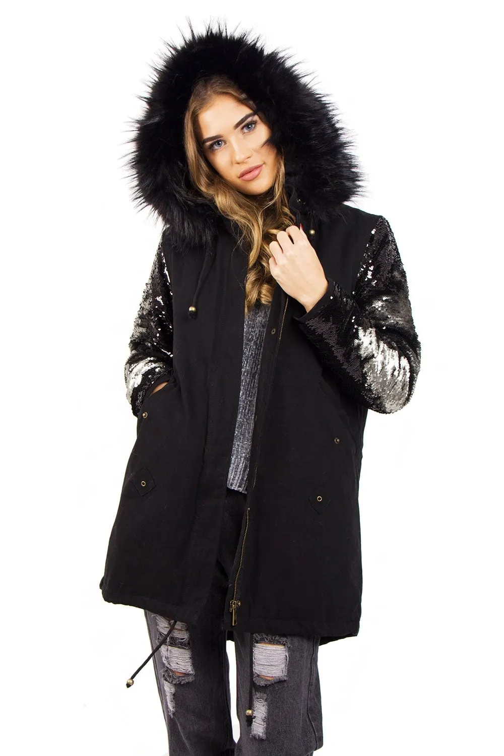 Hooded Two Sided Colour Change Sequin Arms Faux Fur Trim Fleece Parka Jacket Coat