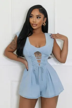 Hot Girl Corset Waist Faux Leather Stretch Romper In Denim