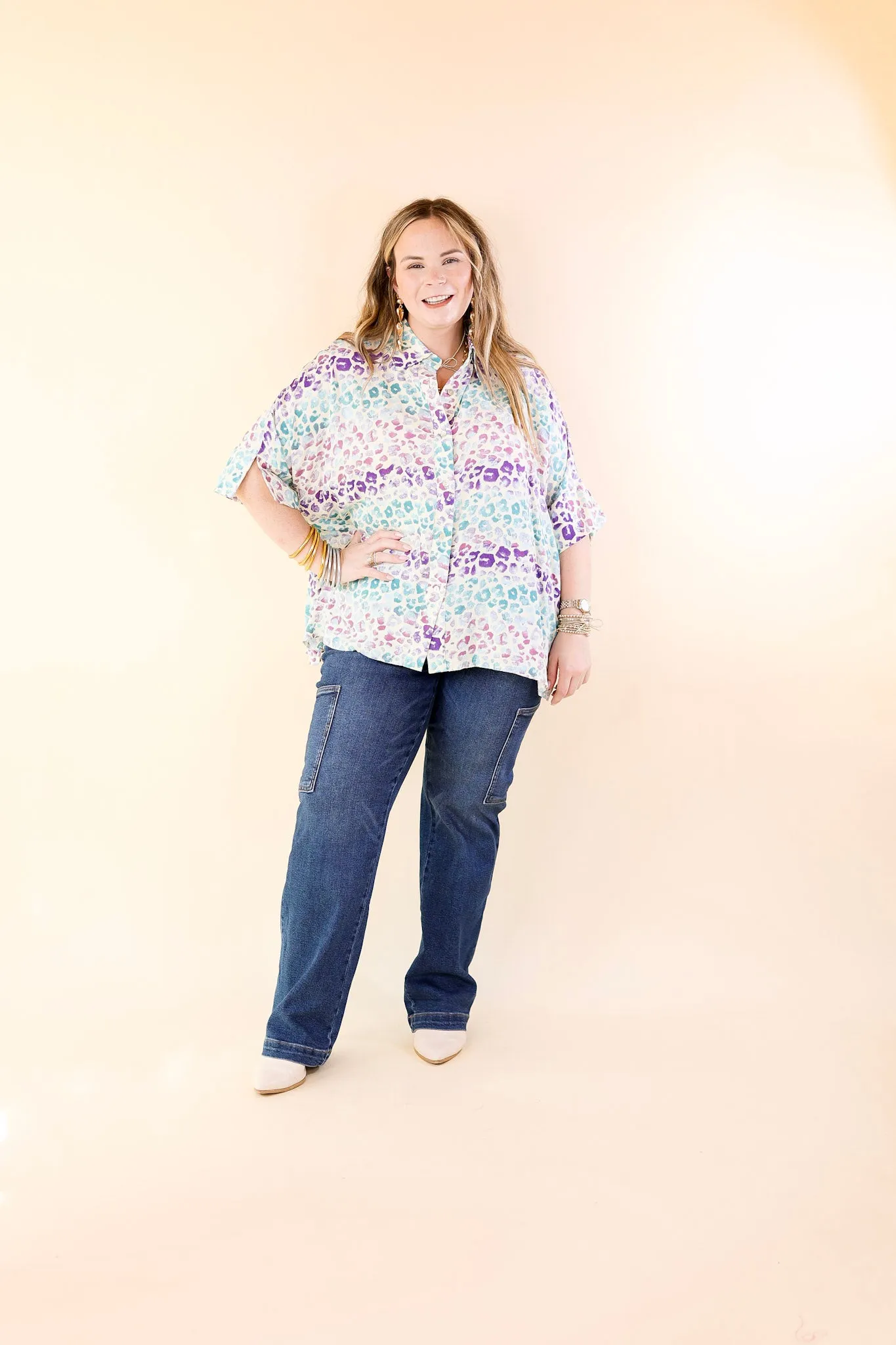 Hotter Than Ever Leopard Print Button Up Top with Short Sleeves in Purple Mix