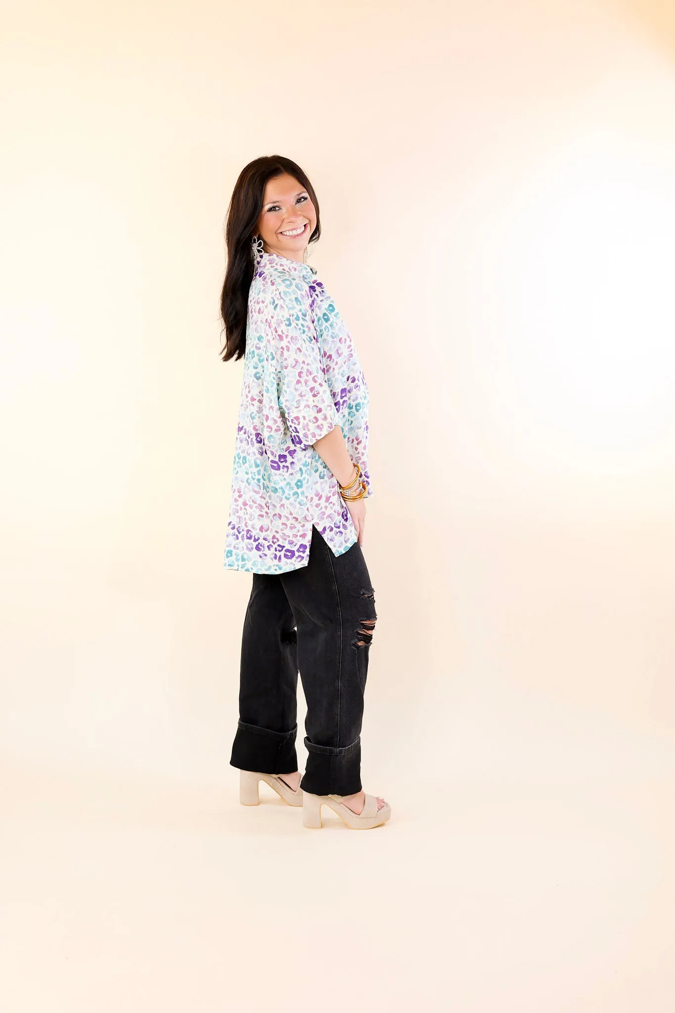 Hotter Than Ever Leopard Print Button Up Top with Short Sleeves in Purple Mix