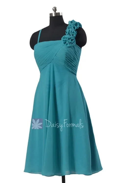 In stock,Ready to Ship - Short Chiffon Bridesmaid Dress W/Floral Strap(BM2454S) - (#44 Cyan)