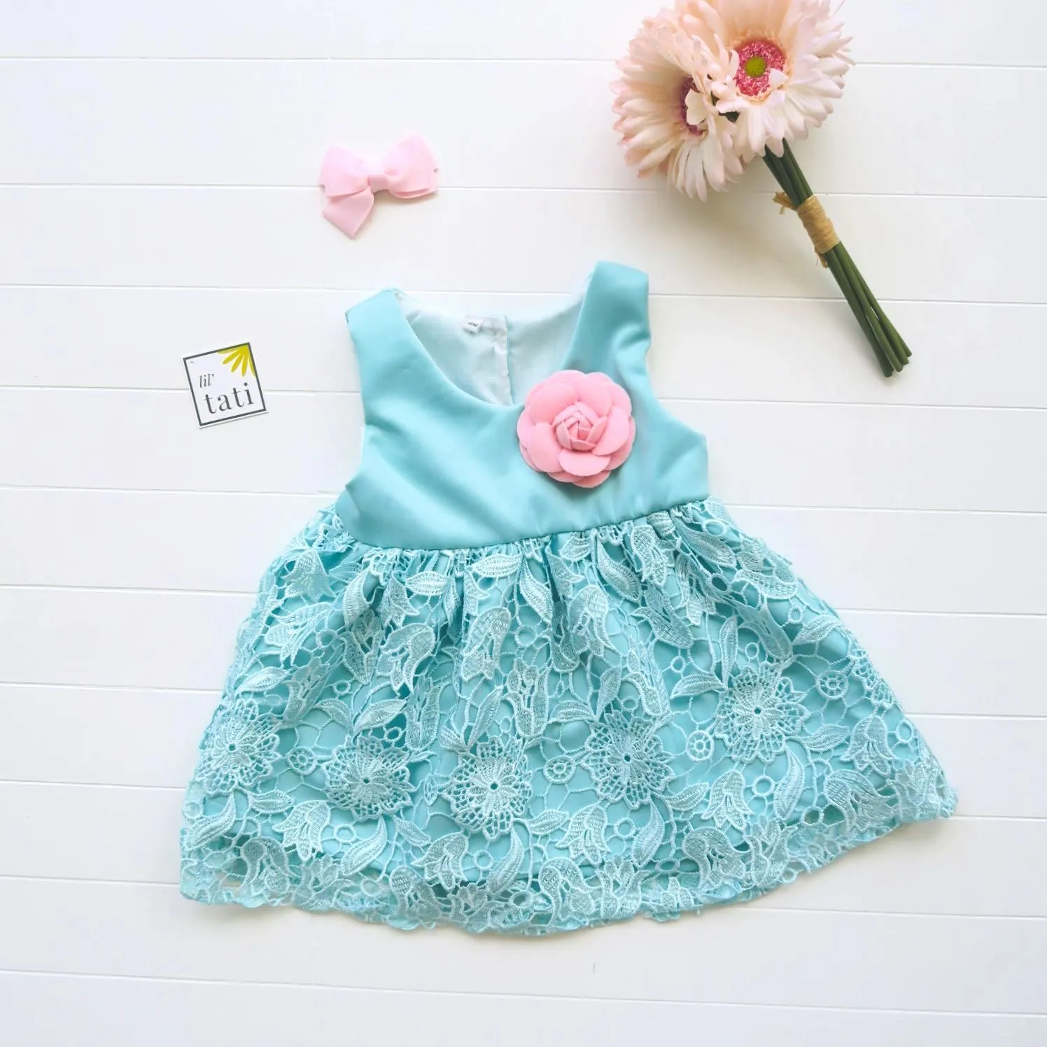 Iris Dress in Cyan Neoprene & Floral Lace