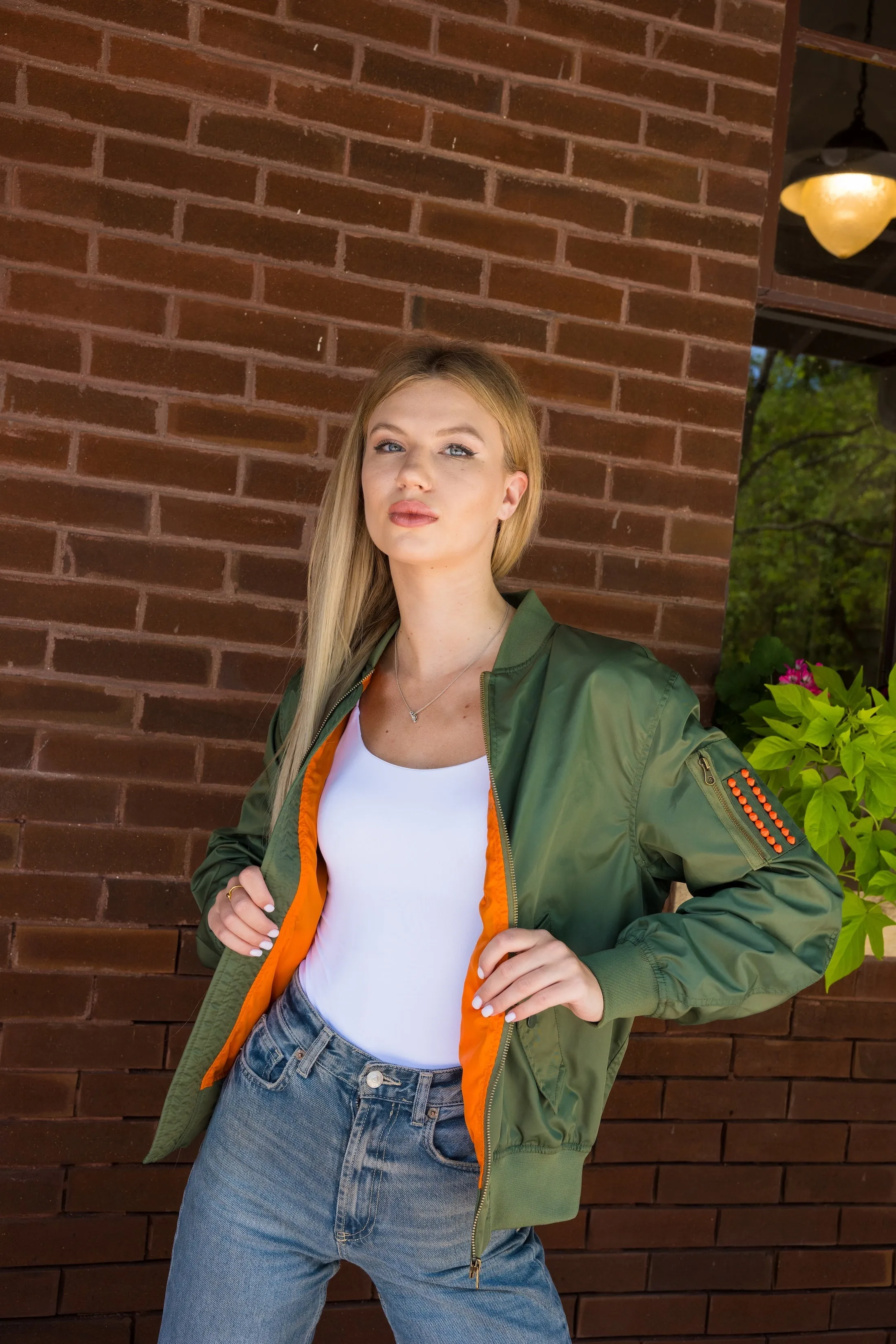 Jacket, Bomber Green, Tiger Face w/ Orange Studs