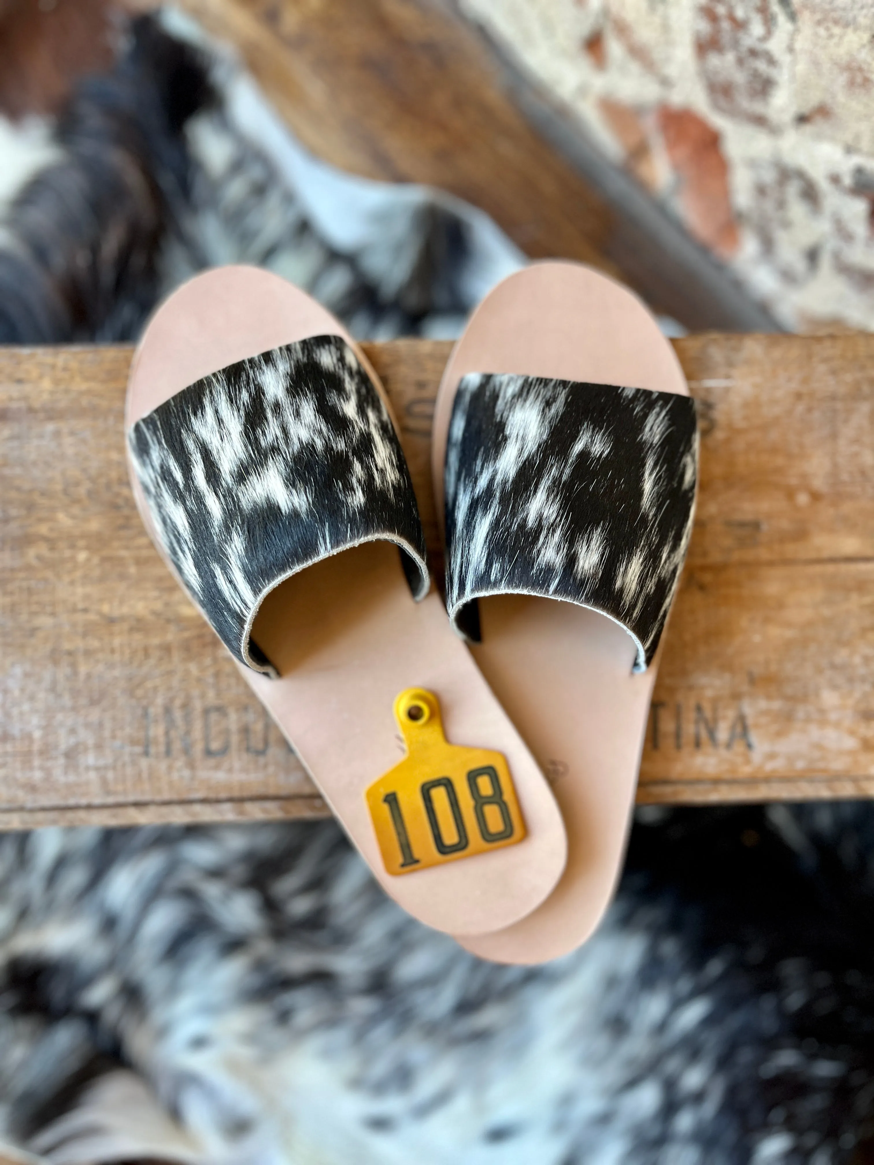 Kiki Hair-On-Hide Slides [Salt & Pepper] Slides ✙ON SALE NOW✙