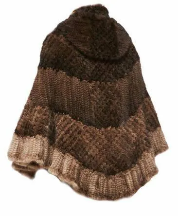 Knitted Ombre Mink Poncho with Hood - Brown