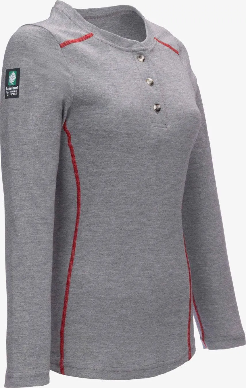 LAKELAND FR - Womens cut.  Henley knit shirt. Dual certified, NFPA 70E, 2112 certified-Heather Gray