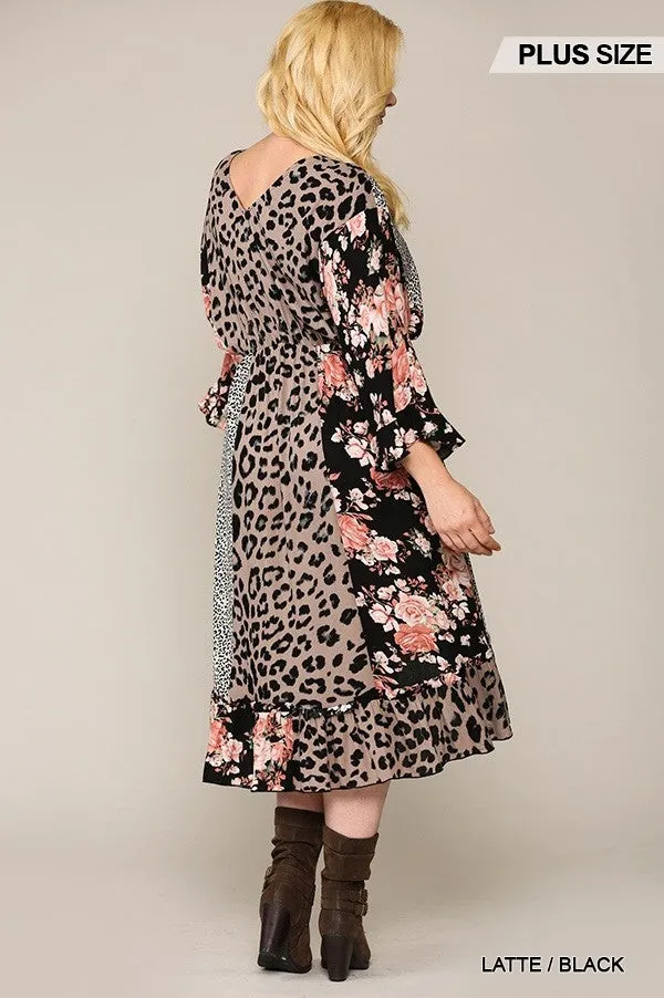 Leopard And Floral Mixed Print Hi Low Midi Dress With Waist Tie Voluptuous ( ) Plus Size - 2 colors - Ships from The US