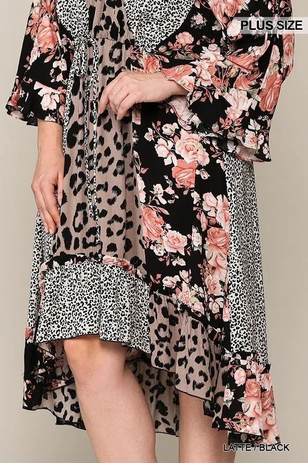 Leopard And Floral Mixed Print Hi Low Midi Dress With Waist Tie Voluptuous ( ) Plus Size - 2 colors - Ships from The US