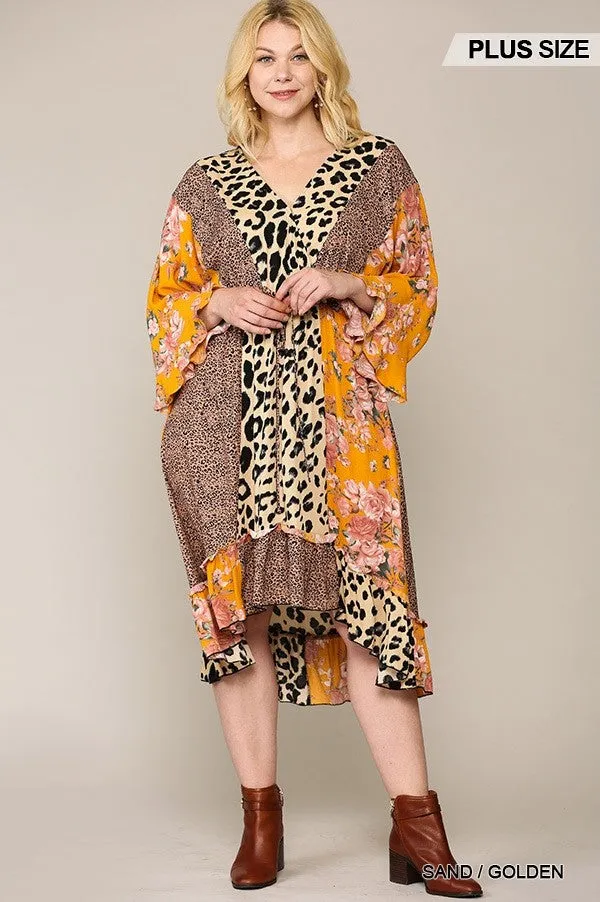 Leopard And Floral Mixed Print Hi Low Midi Dress With Waist Tie Voluptuous ( ) Plus Size - 2 colors - Ships from The US