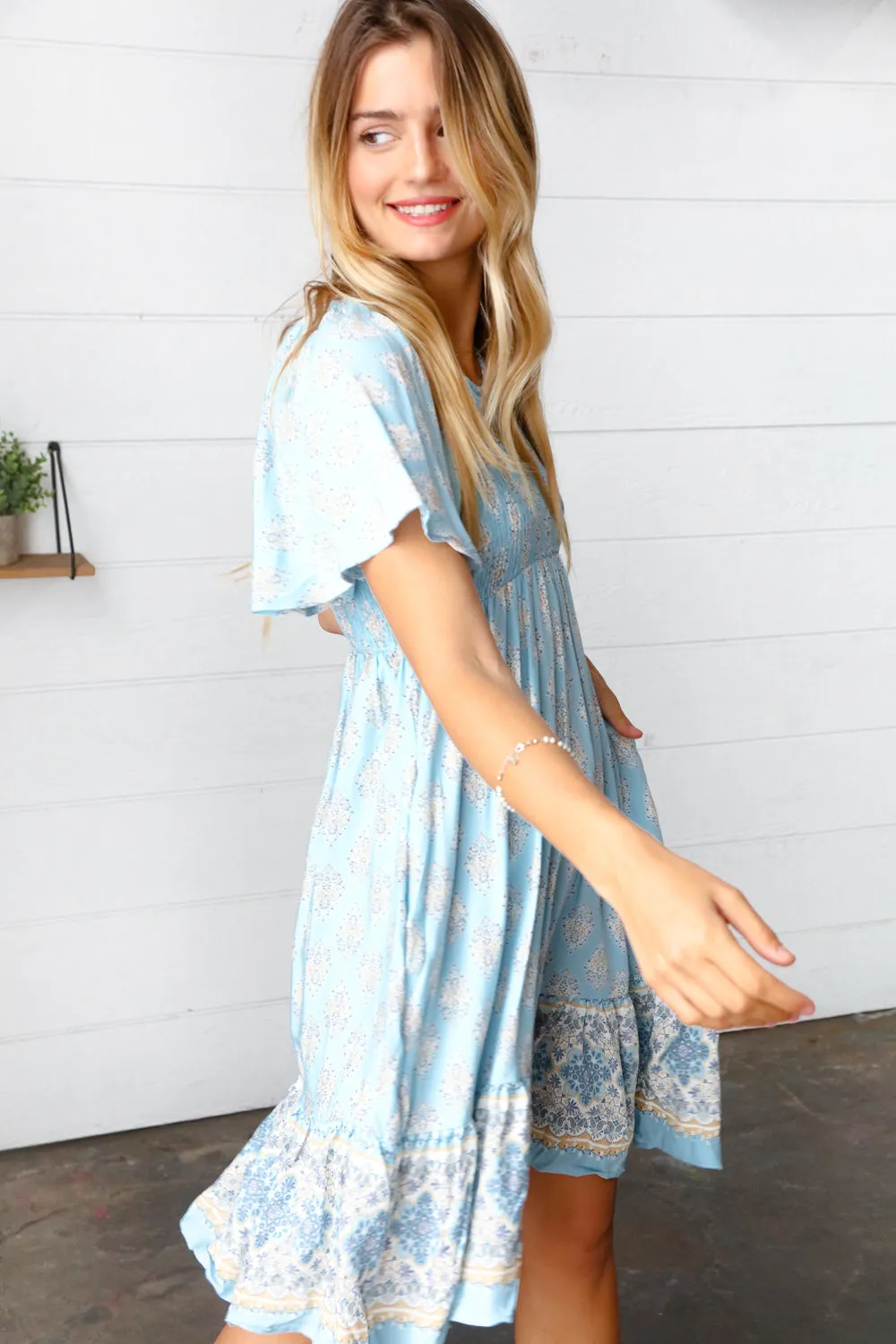 Light Blue Paisley Fit and Flare Smocked Midi Dress