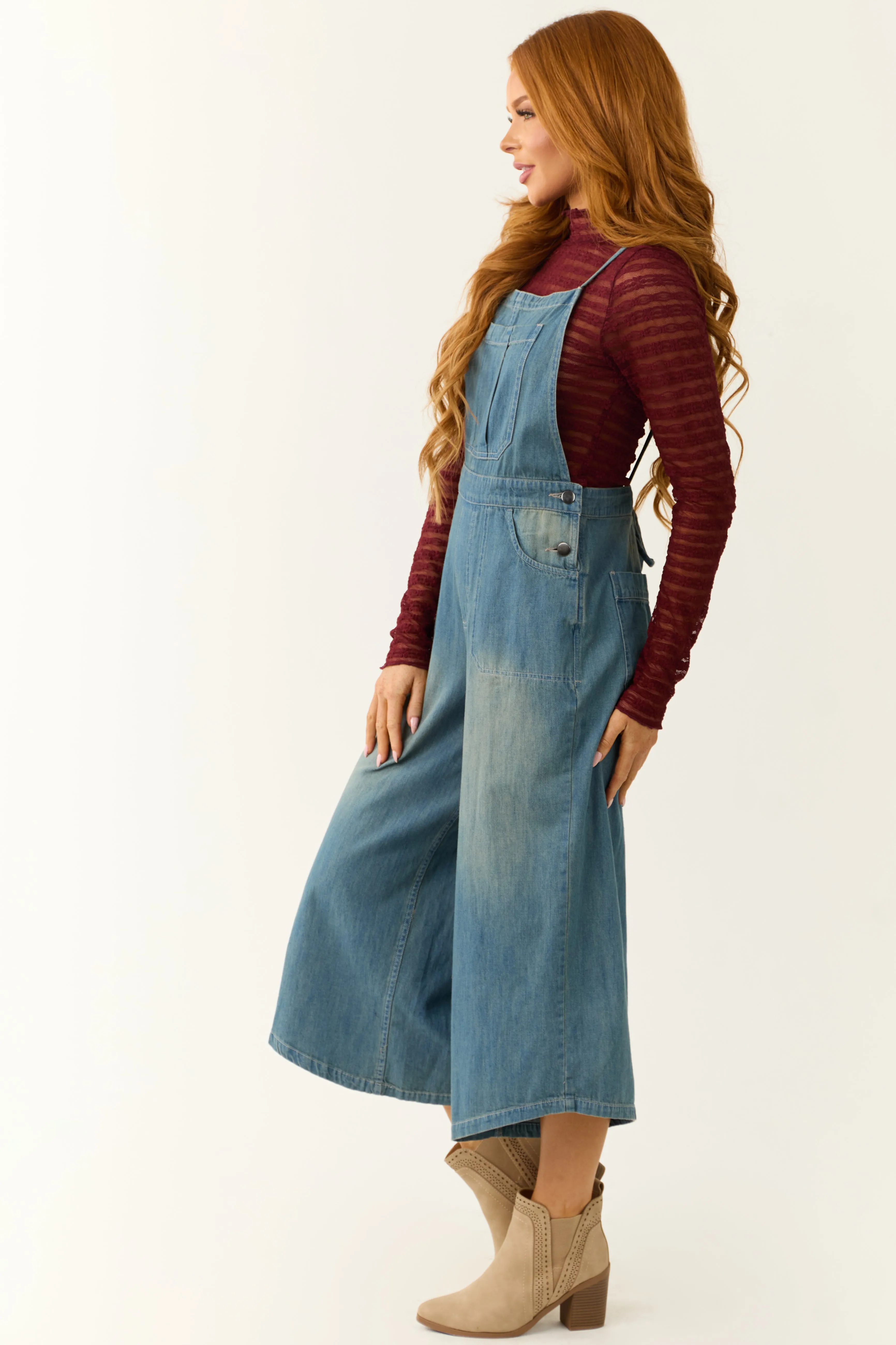 Medium Wash Denim Wide Leg Overalls Jumpsuit