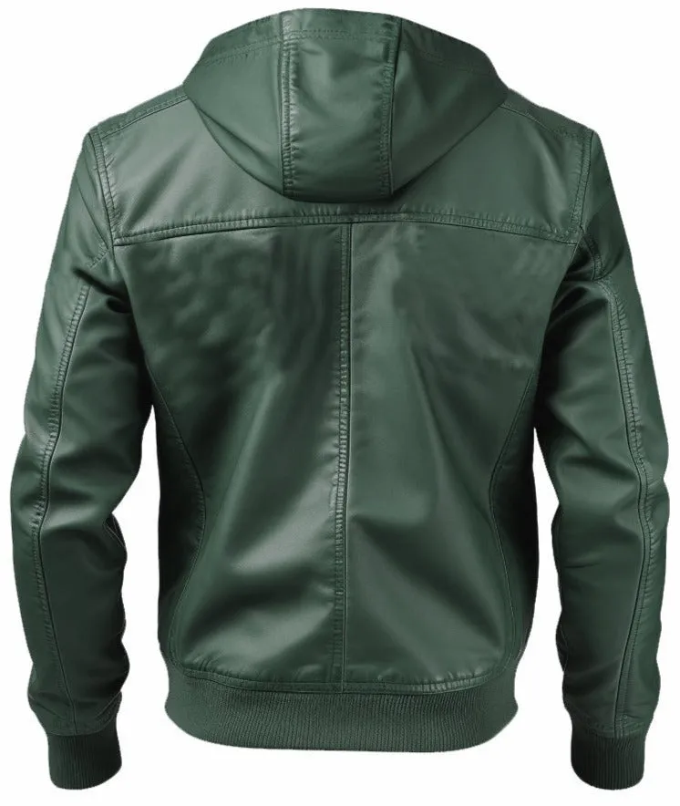 Men Faux Leather Jacket with Hood Green-Leatheroxide