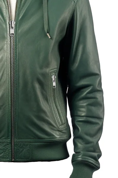 Men Faux Leather Jacket with Hood Green-Leatheroxide