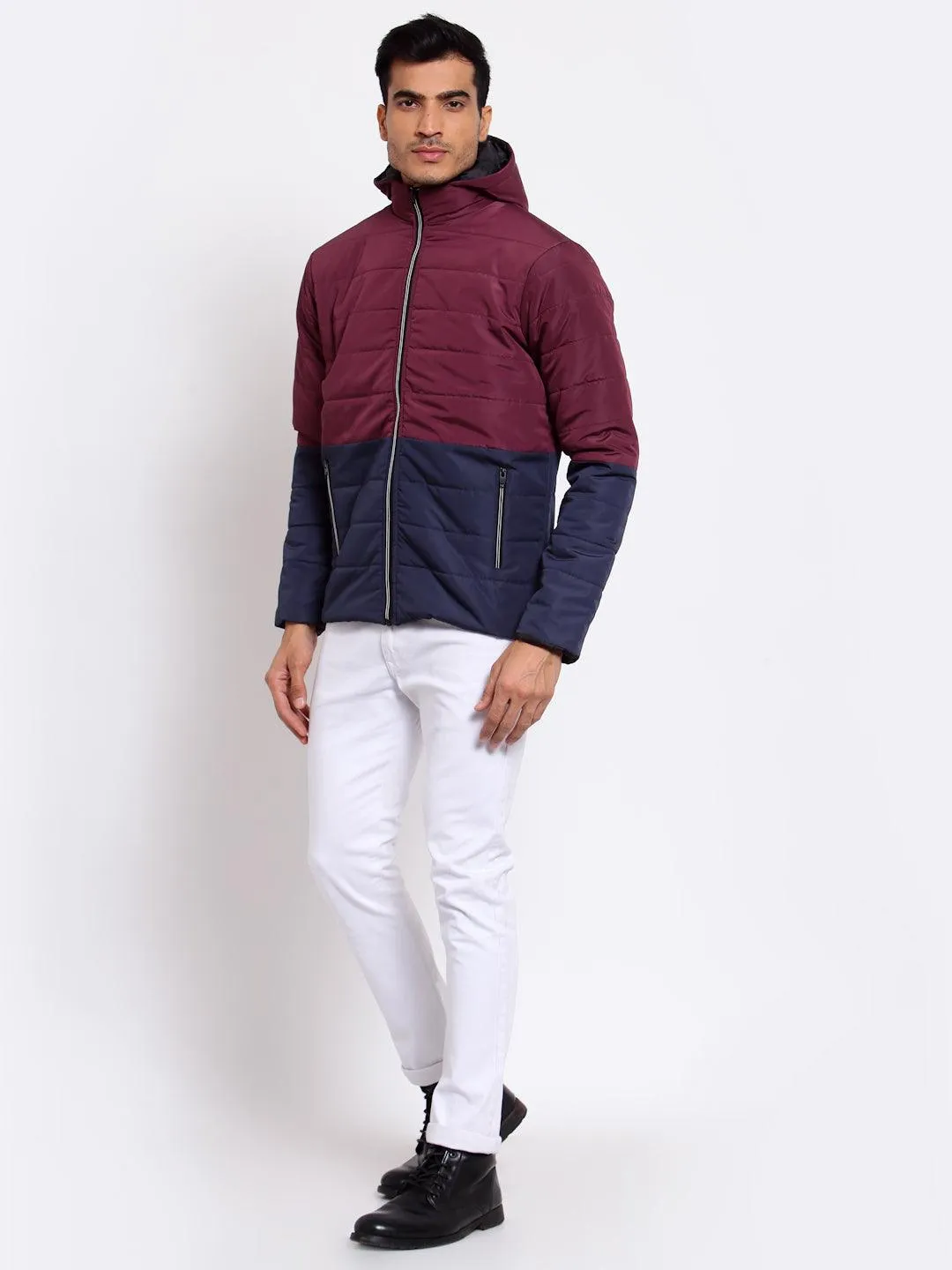 Men Maroon Navy Blue Colourblocked Lightweight Outdoor Puffer Jacket