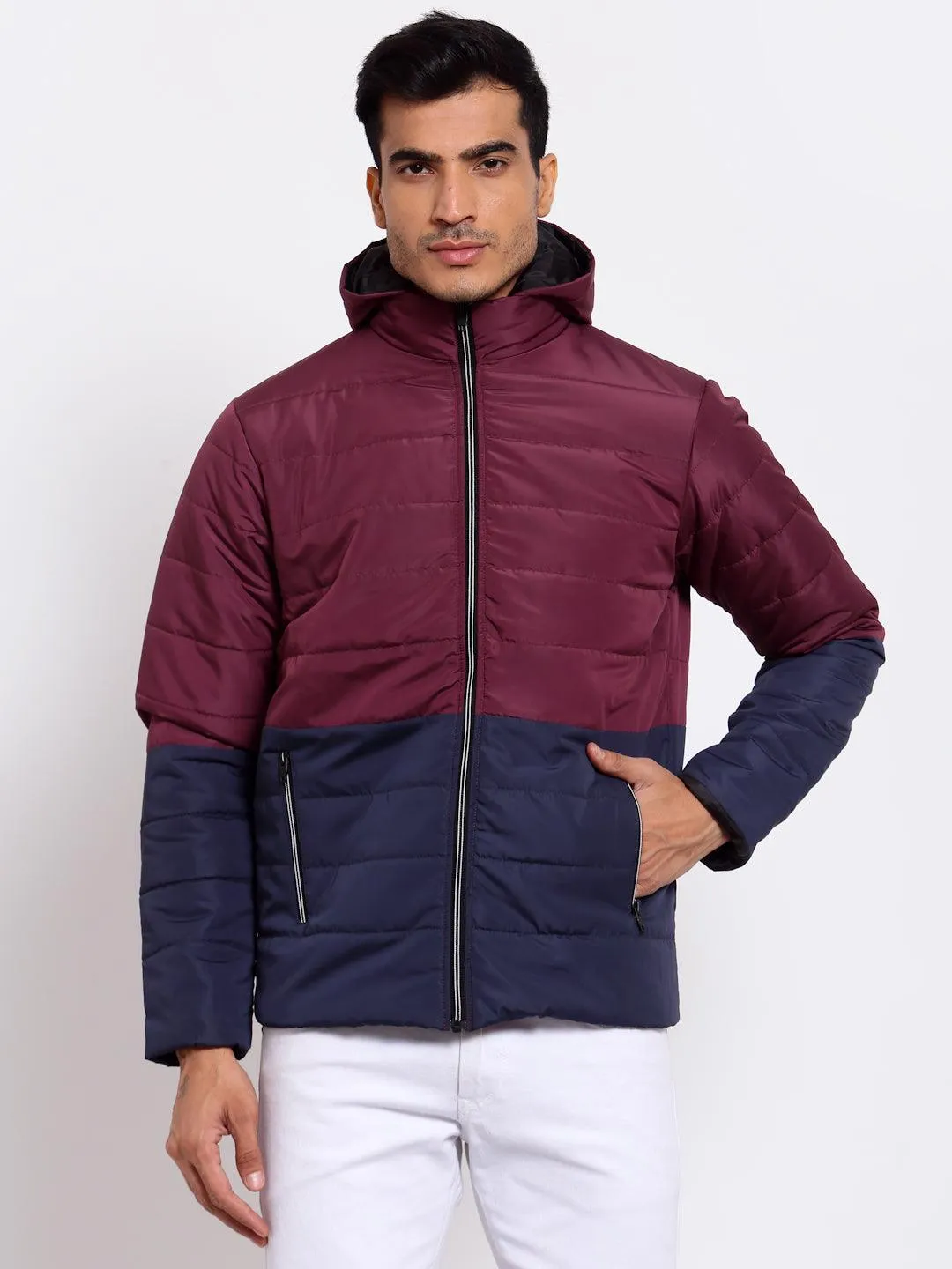 Men Maroon Navy Blue Colourblocked Lightweight Outdoor Puffer Jacket