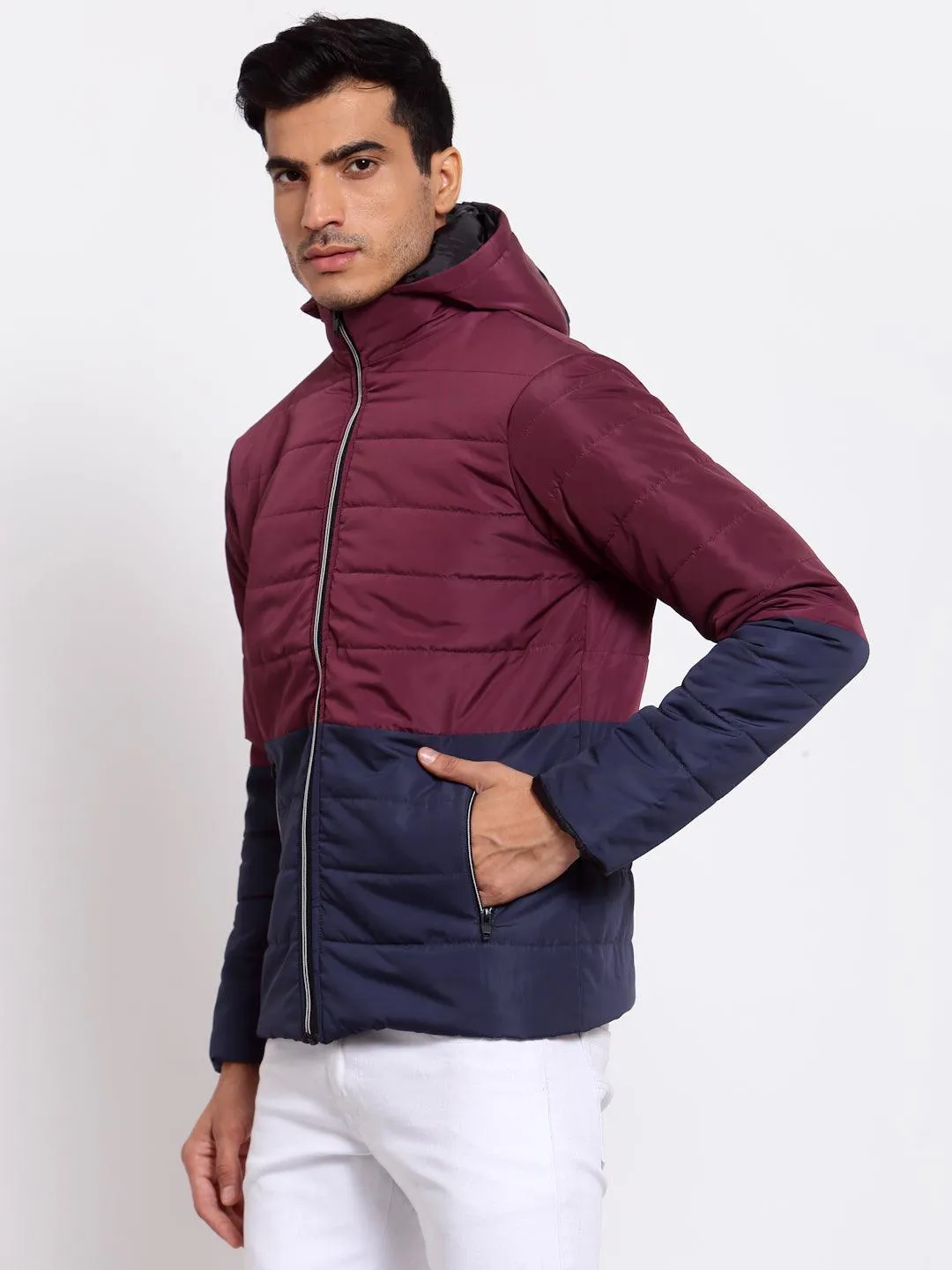 Men Maroon Navy Blue Colourblocked Lightweight Outdoor Puffer Jacket