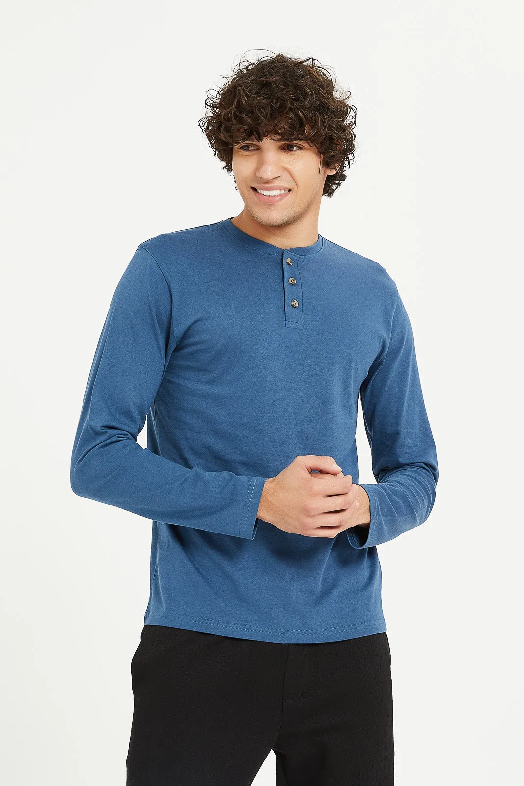 Men Plain Blue Long Sleeve Henley