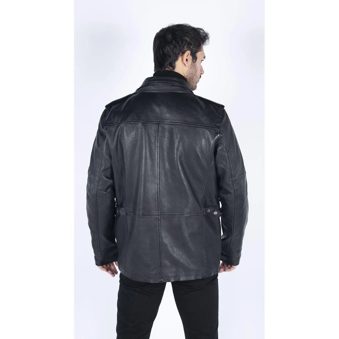 Mens 3/4 Tailored Fit Safari Parka Jacket Genuine Real Leather Military Black